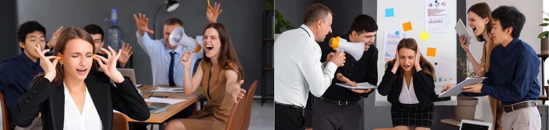 Zweiteilige Bildcollage: Frauen halten sich im Büro die Ohren zu, während Kollegen mit Megafon auf sie einschreien.
